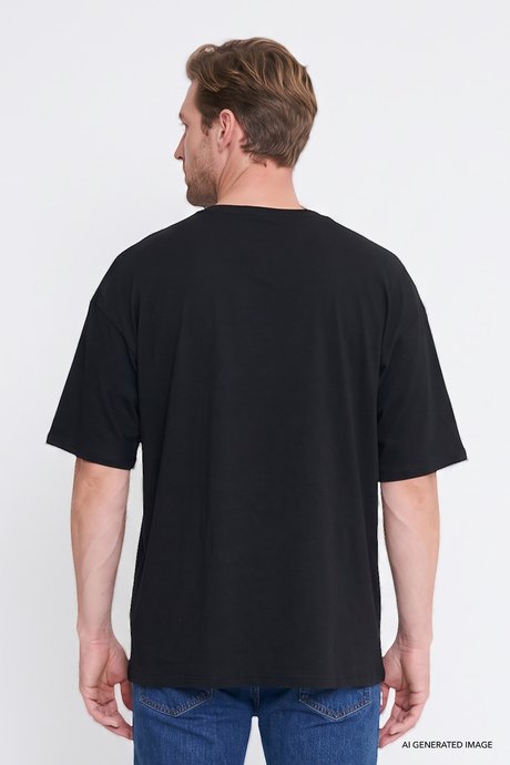 %100 Pamuk Oversize Fit Rahat Kesim Bisiklet Yaka Basic Siyah Tişört resmi