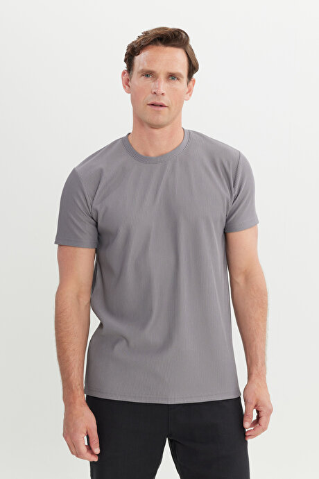 Slim Fit Dar Kesim Bisiklet Yaka Esnek Açık Gri Tişört resmi