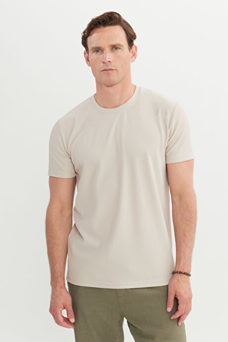 Slim Fit Dar Kesim Bisiklet Yaka Esnek Taş Tişört resmi