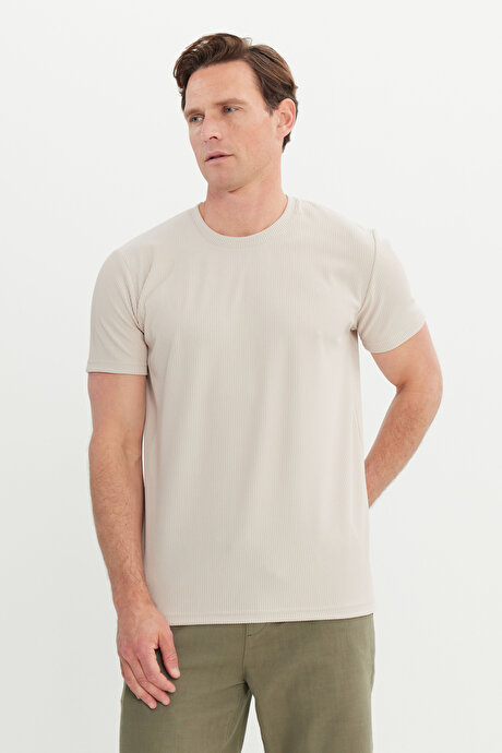 Slim Fit Dar Kesim Bisiklet Yaka Esnek Taş Tişört resmi