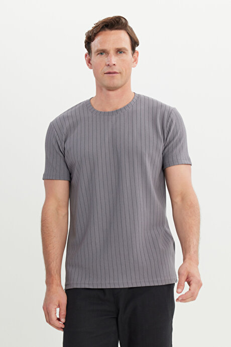 Slim Fit Dar Kesim Bisiklet Yaka Esnek Gri Tişört resmi