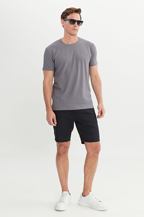 Slim Fit Dar Kesim Bisiklet Yaka Esnek Gri Tişört resmi