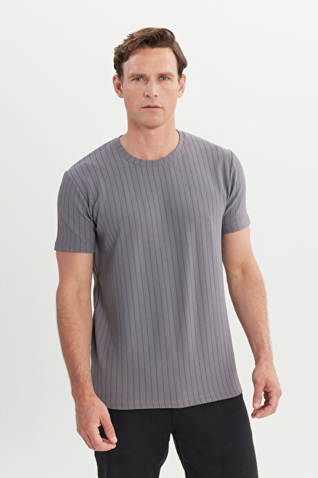 Slim Fit Dar Kesim Bisiklet Yaka Esnek Gri Tişört resmi