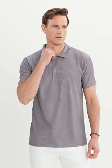Relax Fit Rahat Kesim Polo Yaka Esnek Açık Gri Tişört resmi