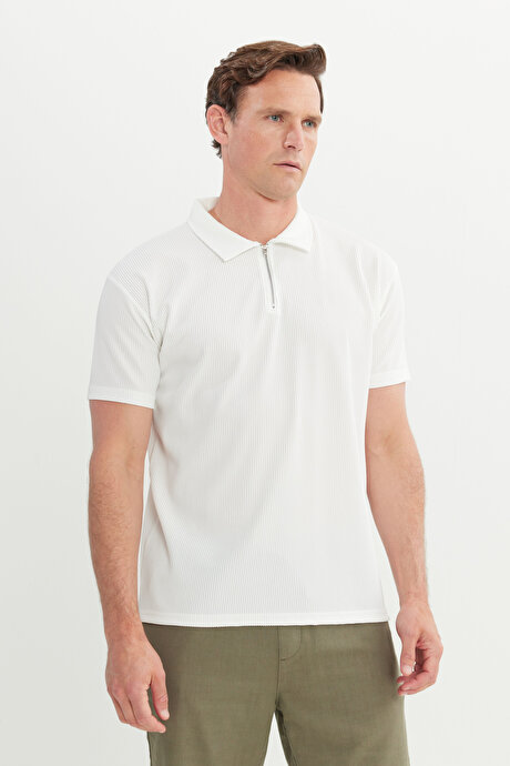 Relax Fit Rahat Kesim Polo Yaka Esnek Ekru Tişört resmi