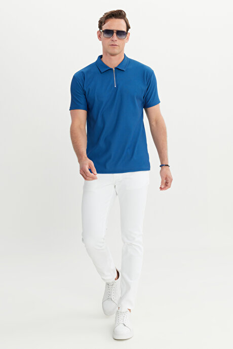 Relax Fit Rahat Kesim Polo Yaka Esnek İndigo Tişört resmi