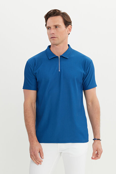 Relax Fit Rahat Kesim Polo Yaka Esnek İndigo Tişört resmi