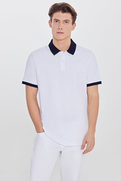 %100 Pamuk Slim Fit Dar Kesim Polo Yaka Beyaz-Lacivert Tişört resmi
