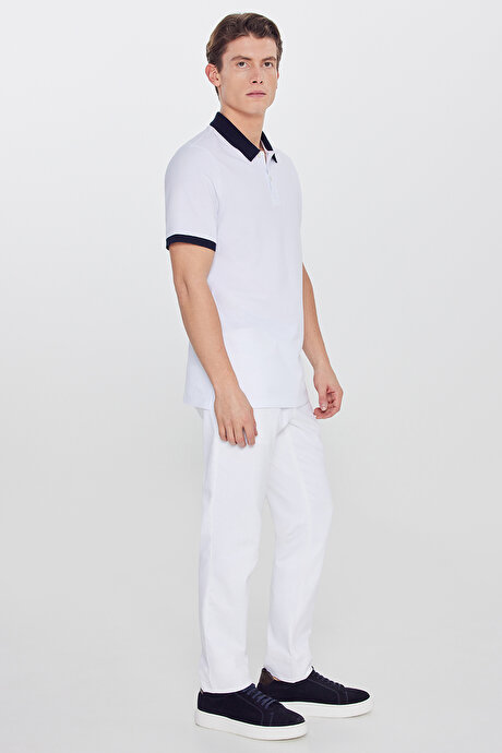 %100 Pamuk Slim Fit Dar Kesim Polo Yaka Beyaz-Lacivert Tişört resmi