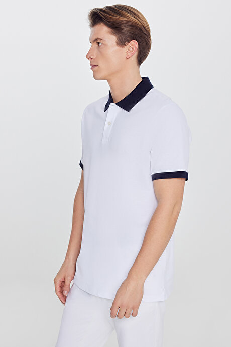 %100 Pamuk Slim Fit Dar Kesim Polo Yaka Beyaz-Lacivert Tişört resmi