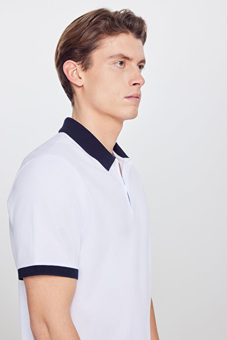 %100 Pamuk Slim Fit Dar Kesim Polo Yaka Beyaz-Lacivert Tişört resmi