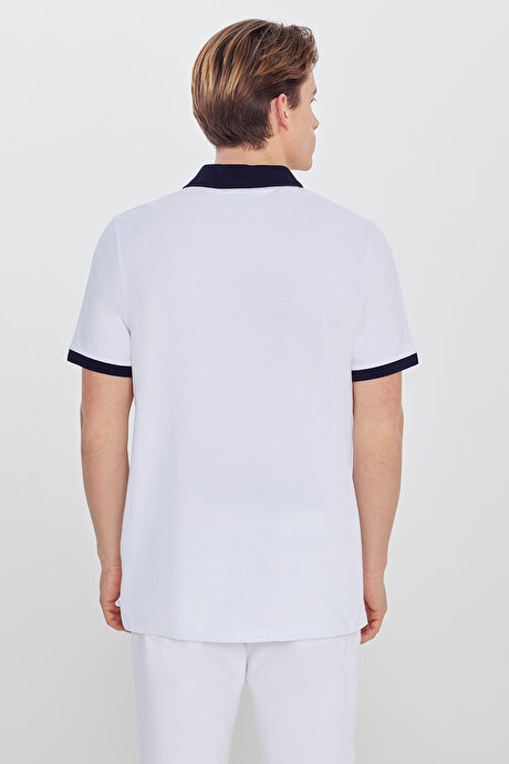%100 Pamuk Slim Fit Dar Kesim Polo Yaka Beyaz-Lacivert Tişört resmi