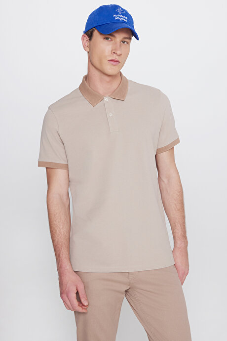 %100 Pamuk Slim Fit Dar Kesim Polo Yaka Bej-Vizon Tişört resmi