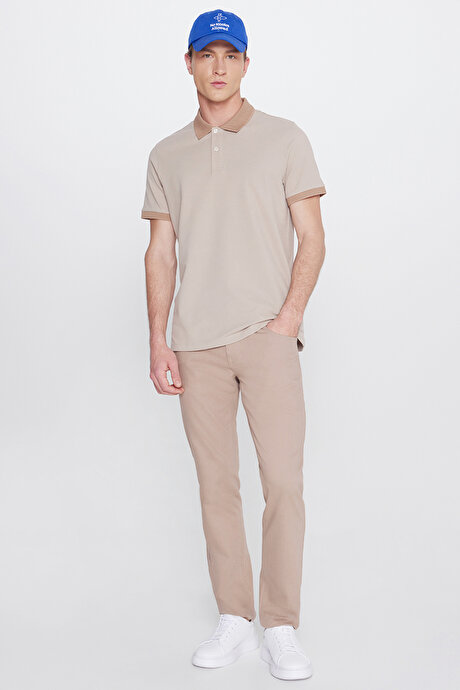 %100 Pamuk Slim Fit Dar Kesim Polo Yaka Bej-Vizon Tişört resmi