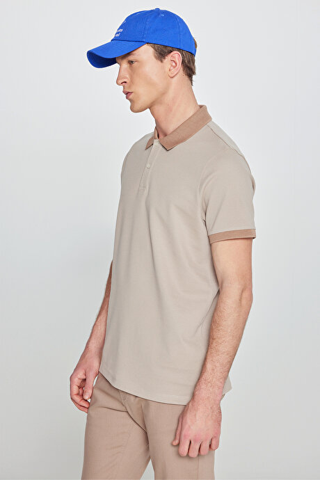 %100 Pamuk Slim Fit Dar Kesim Polo Yaka Bej-Vizon Tişört resmi
