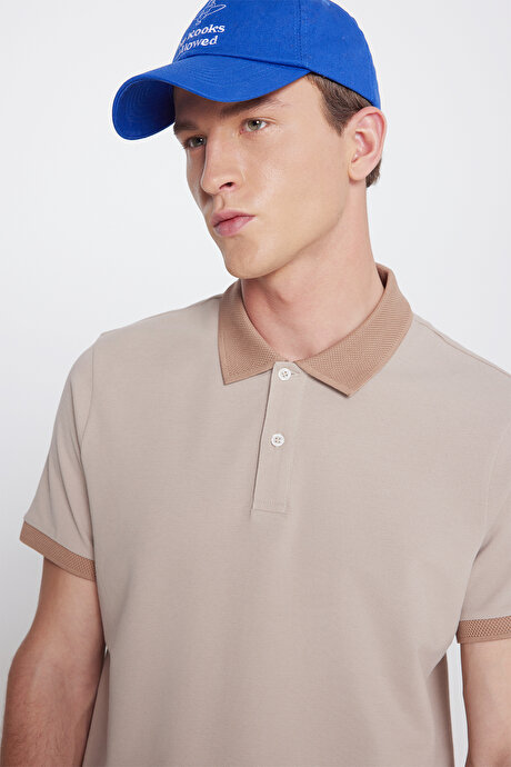 %100 Pamuk Slim Fit Dar Kesim Polo Yaka Bej-Vizon Tişört resmi