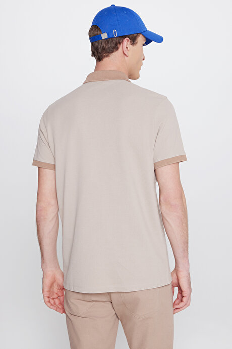 %100 Pamuk Slim Fit Dar Kesim Polo Yaka Bej-Vizon Tişört resmi