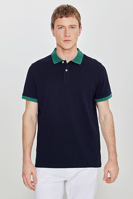 %100 Pamuk Slim Fit Dar Kesim Polo Yaka Lacivert-Yeşil Tişört resmi