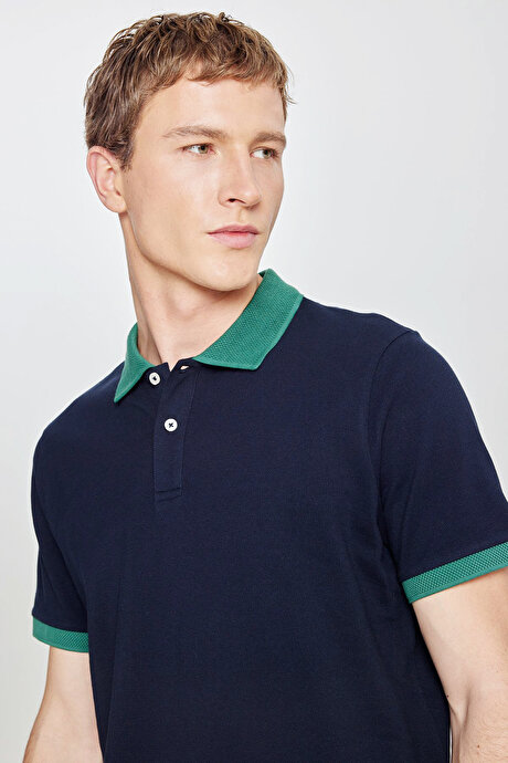 %100 Pamuk Slim Fit Dar Kesim Polo Yaka Lacivert-Yeşil Tişört resmi