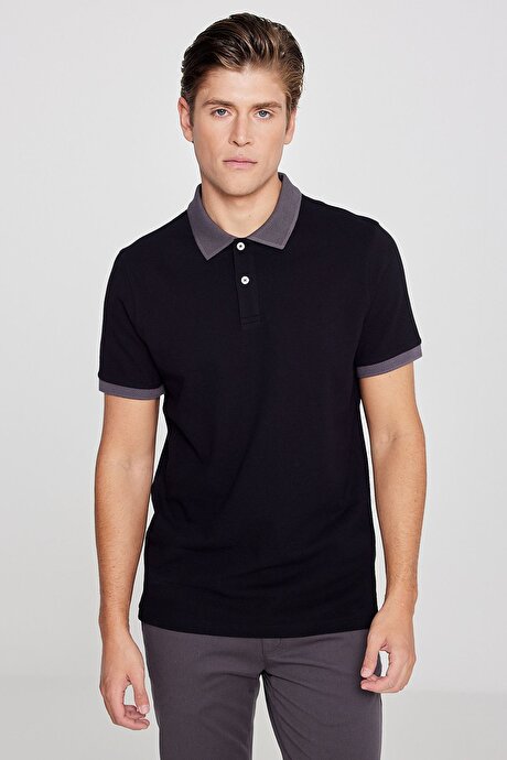 %100 Pamuk Slim Fit Dar Kesim Polo Yaka Siyah-Antrasit Tişört resmi