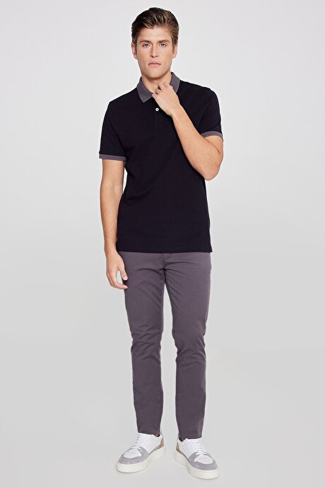 %100 Pamuk Slim Fit Dar Kesim Polo Yaka Siyah-Antrasit Tişört resmi