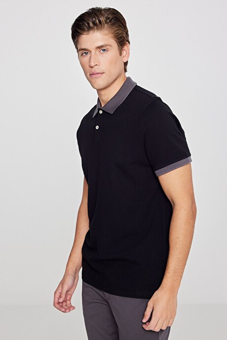 %100 Pamuk Slim Fit Dar Kesim Polo Yaka Siyah-Antrasit Tişört resmi