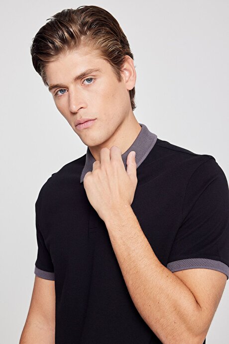 %100 Pamuk Slim Fit Dar Kesim Polo Yaka Siyah-Antrasit Tişört resmi
