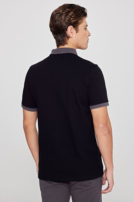 %100 Pamuk Slim Fit Dar Kesim Polo Yaka Siyah-Antrasit Tişört resmi