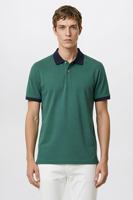 %100 Pamuk Slim Fit Dar Kesim Polo Yaka Yeşil-Lacivert Tişört resmi