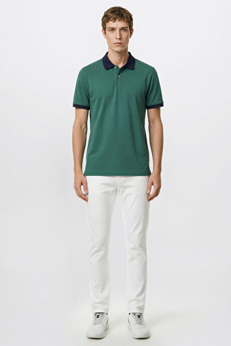%100 Pamuk Slim Fit Dar Kesim Polo Yaka Yeşil-Lacivert Tişört resmi