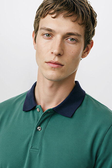 %100 Pamuk Slim Fit Dar Kesim Polo Yaka Yeşil-Lacivert Tişört resmi