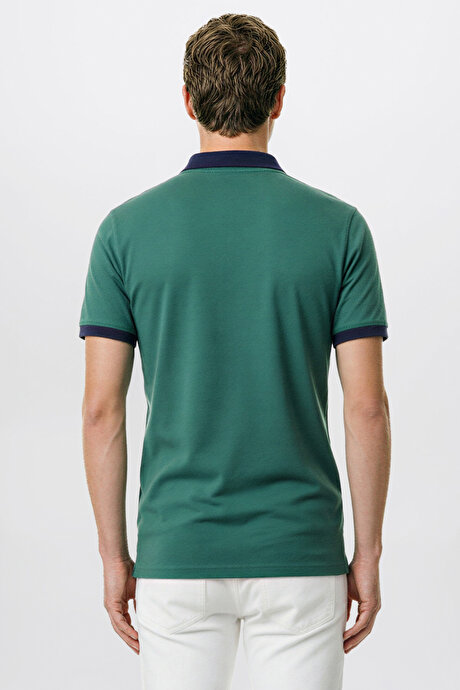 %100 Pamuk Slim Fit Dar Kesim Polo Yaka Yeşil-Lacivert Tişört resmi