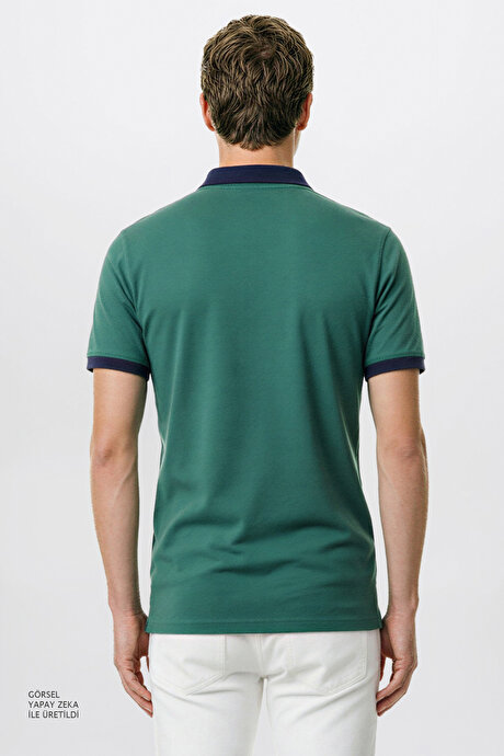 %100 Pamuk Slim Fit Dar Kesim Polo Yaka Yeşil-Lacivert Tişört resmi