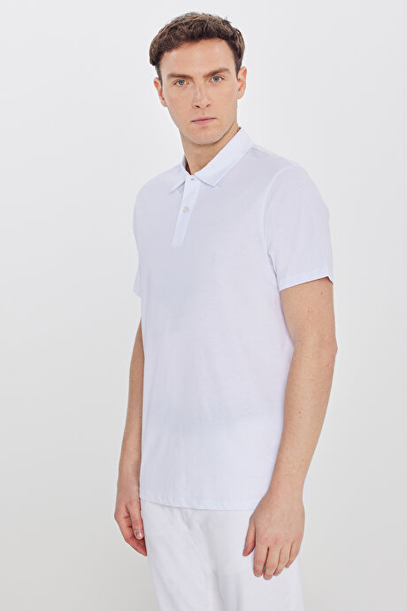 %100 Pamuk Standart Fit Normal Kesim Polo Yaka Beyaz Tişört resmi