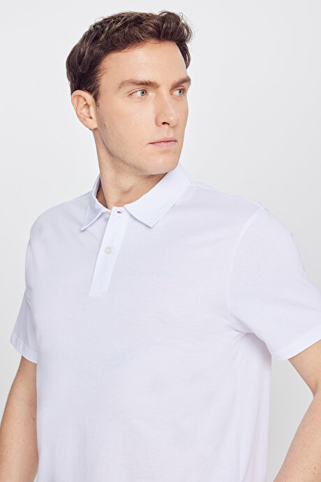%100 Pamuk Standart Fit Normal Kesim Polo Yaka Beyaz Tişört resmi