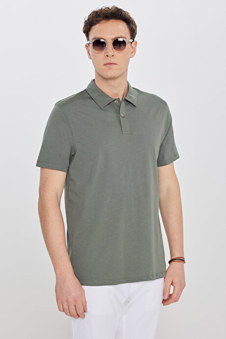 %100 Pamuk Standart Fit Normal Kesim Polo Yaka Haki Tişört resmi