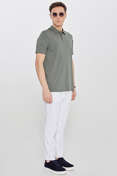 %100 Pamuk Standart Fit Normal Kesim Polo Yaka Haki Tişört resmi