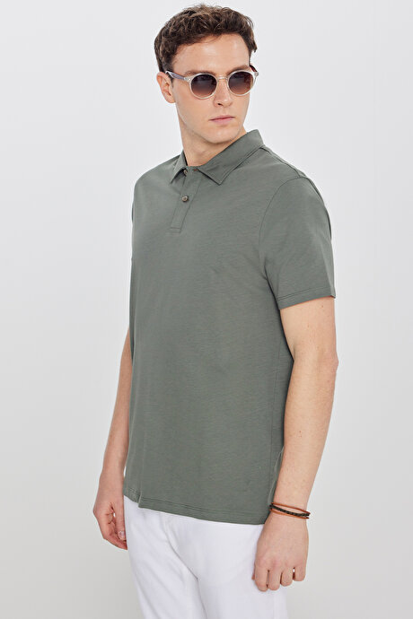 %100 Pamuk Standart Fit Normal Kesim Polo Yaka Haki Tişört resmi