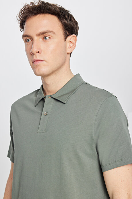 %100 Pamuk Standart Fit Normal Kesim Polo Yaka Haki Tişört resmi