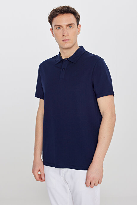 %100 Pamuk Standart Fit Normal Kesim Polo Yaka Lacivert Tişört resmi