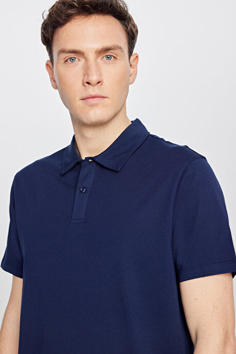 %100 Pamuk Standart Fit Normal Kesim Polo Yaka Lacivert Tişört resmi