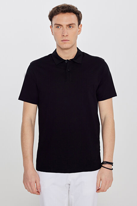 %100 Pamuk Standart Fit Normal Kesim Polo Yaka Siyah Tişört resmi