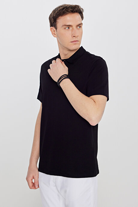 %100 Pamuk Standart Fit Normal Kesim Polo Yaka Siyah Tişört resmi