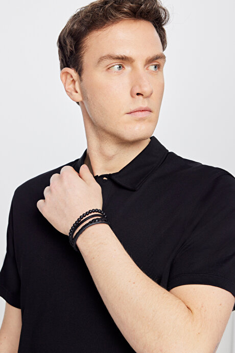 %100 Pamuk Standart Fit Normal Kesim Polo Yaka Siyah Tişört resmi