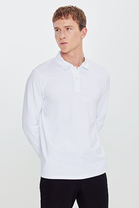 Pamuklu Slim Fit Dar Kesim Polo Yaka Uzun Kollu Esnek Beyaz Uzun Kollu Tişört resmi