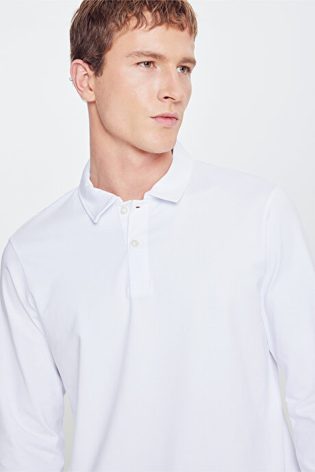 Pamuklu Slim Fit Dar Kesim Polo Yaka Uzun Kollu Esnek Beyaz Uzun Kollu Tişört resmi