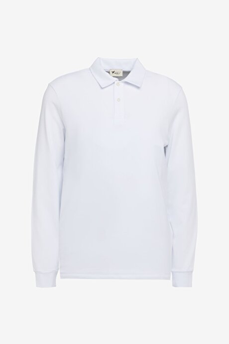 Pamuklu Slim Fit Dar Kesim Polo Yaka Uzun Kollu Esnek Beyaz Uzun Kollu Tişört resmi