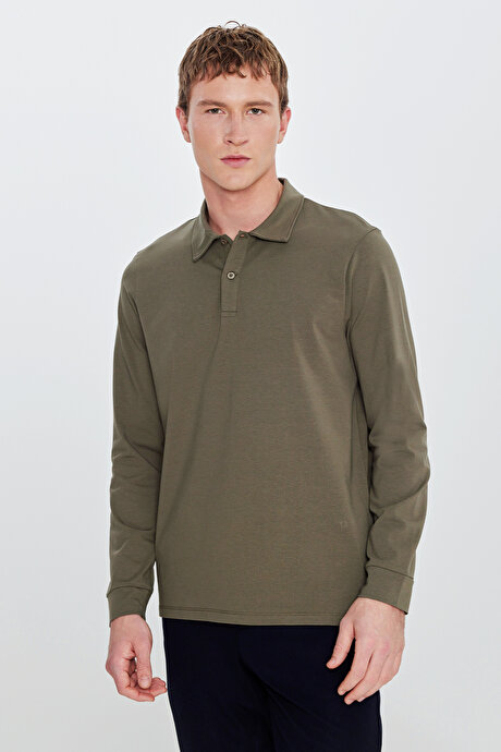 Pamuklu Slim Fit Dar Kesim Polo Yaka Uzun Kollu Esnek Haki Uzun Kollu Tişört resmi