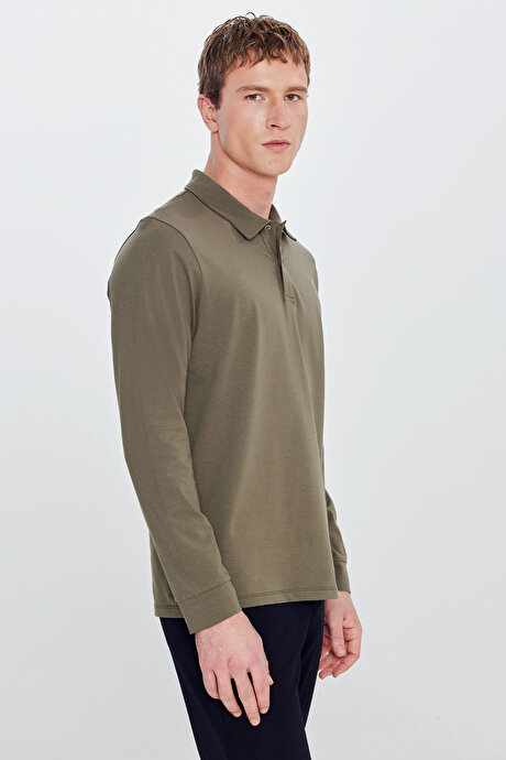 Pamuklu Slim Fit Dar Kesim Polo Yaka Uzun Kollu Esnek Haki Uzun Kollu Tişört resmi