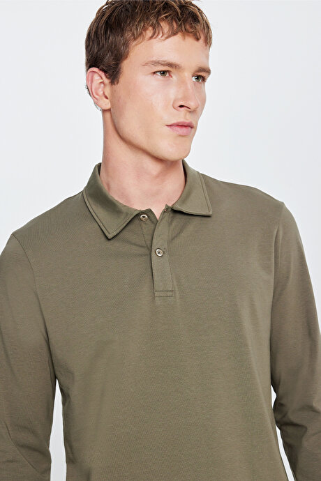 Pamuklu Slim Fit Dar Kesim Polo Yaka Uzun Kollu Esnek Haki Uzun Kollu Tişört resmi